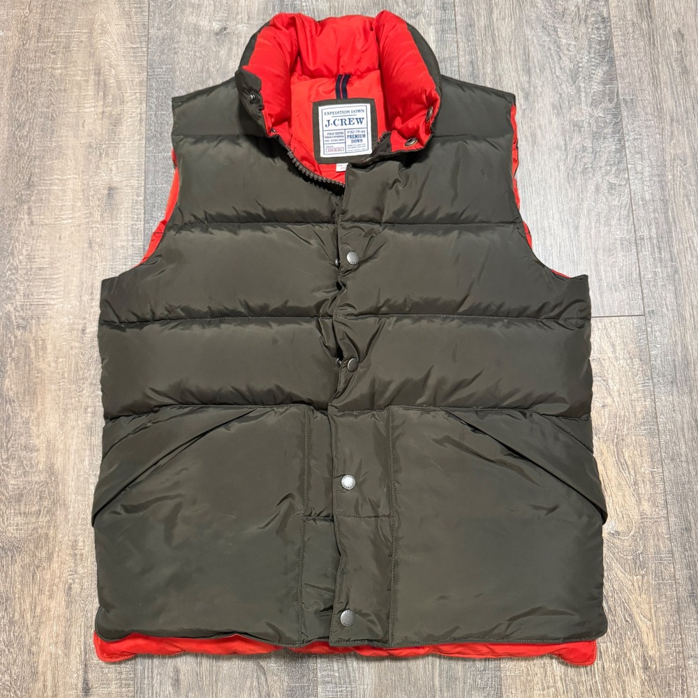 Y2K J Crew Expedition Down Vest Olive Green Orange Puffer Padded Men Small‎